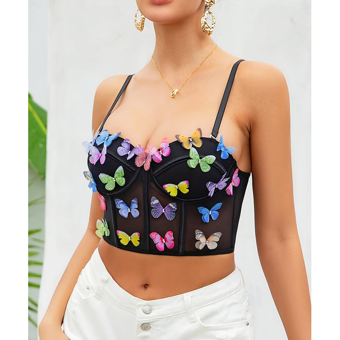 Жіночий топ з квітковою вишивкою Tetudineu - чорний, бралетта на тонких бретелях, баталлет