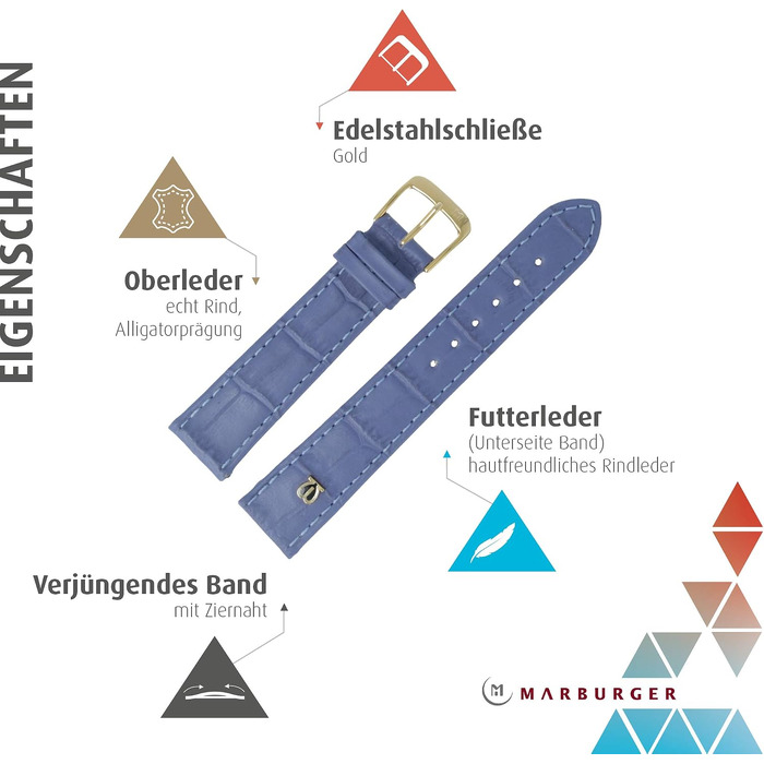 Ремінець для годинника MARBURGER 18мм зі шкіри з тисненням під крокодила, світло-блакитний з золотистою застібкою, набір з інструментами для монтажу