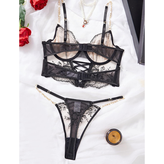 FEOYA Комплект бюстгальтера та трусиків push-up з мереживом та вишивкою, чорний, XL
