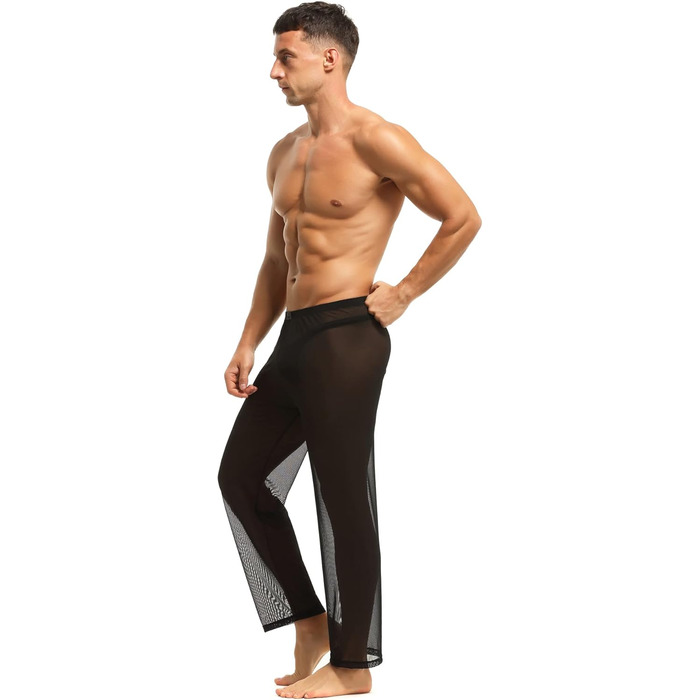 Чоловічі прозорі штани з сітки, нічна сорочка, спідня білизна, штани з нейлону, чоловічі мереживні штани, довгі прозорі штани, чоловічі штани з сітки, штани з тонкої сітки з тюлю, чорний