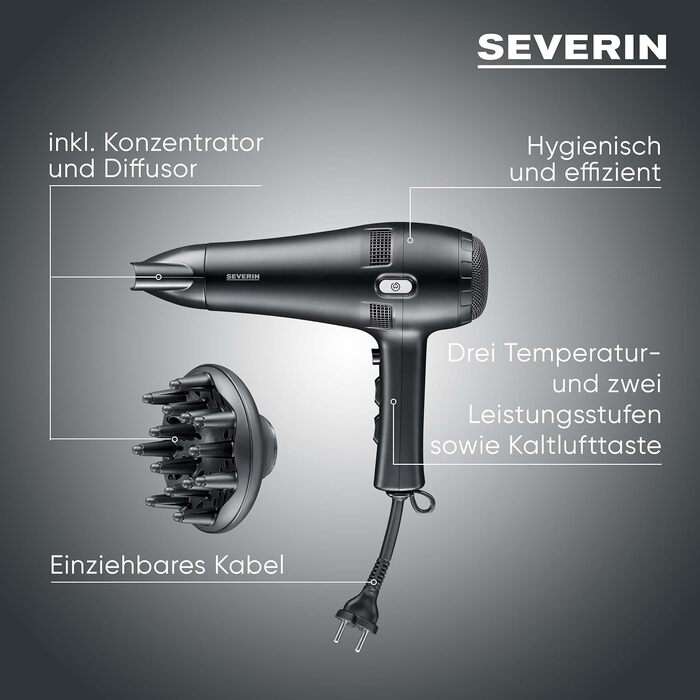 Фен для волосся Severin HT 0165 з автоматичним намотуванням кабелю, 2100 Вт, з дифузором та концентратором, 3 рівні температури, чорний