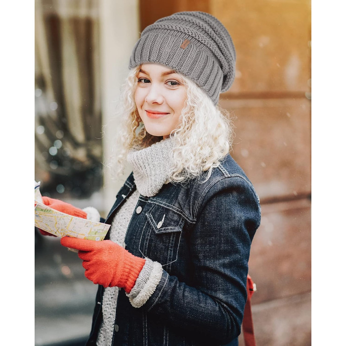 Жіноча зимова шапка-біні FURTALK: в'язана шапка Slouch Beanie у стилі street style, м'яка груба в'язка, сіра (один розмір)