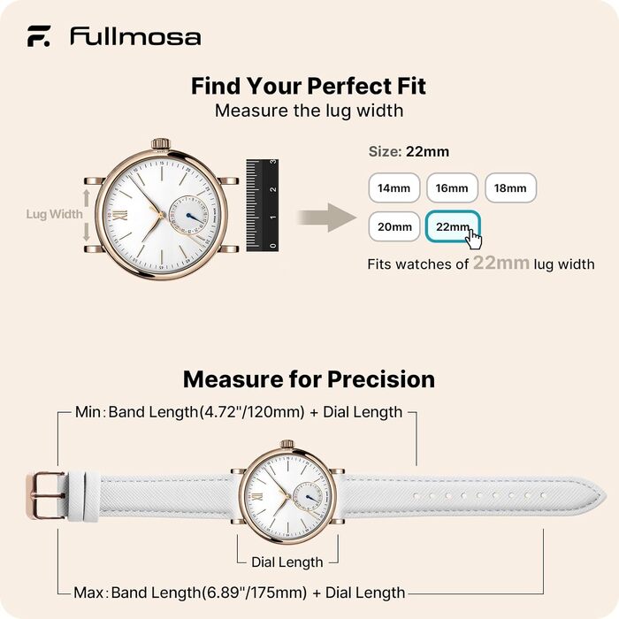 Ремінець Fullmosa зі шкіри для Garmin Vivoactive 6/5/4, Venu SQ та Samsung Galaxy Watch 7/6/5/4 FE (22мм, Білий з рожево-золотистою застібкою)