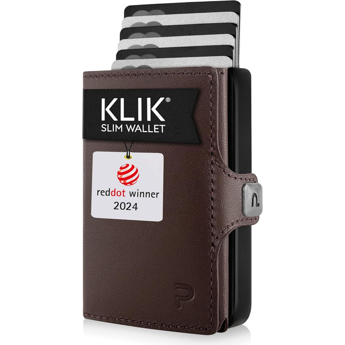 Шкіряний мінімалістичний гаманець KLIK Slim з монетницею та RFID захистом для чоловіків, темно-коричневий, на 10-12 карток