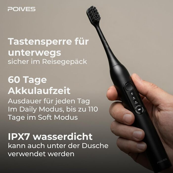 Електрична сонічна зубна щітка POIVES P1 Pro з датчиком тиску, ультразвукова, Onyx Black