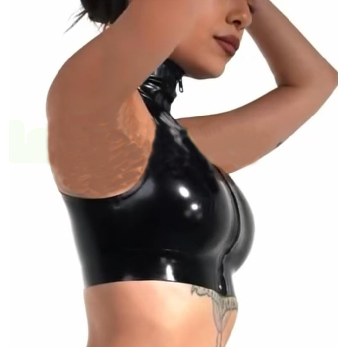 Чорна латексна футболка з високим коміром без рукавів, жіноча латексна сорочка на блискавці, підходить для косплей-костюмів