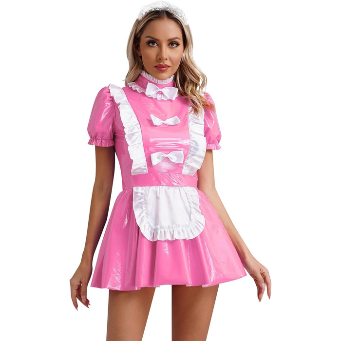 Костюм покоївки Alvivi з ефектом мокрого блиску, міні-сукня з екошкіри, готичний стиль, для карнавалу, Хелловіну, вечірки (4XL, B Рожевий A)