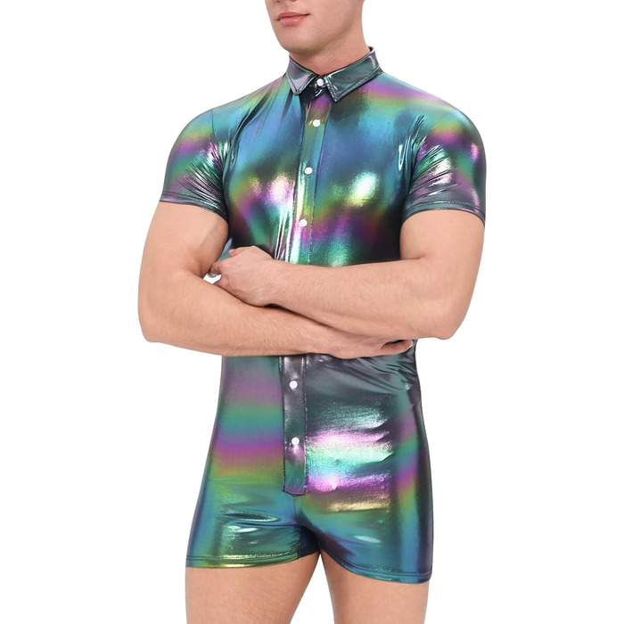 Чоловічий боді Landofgenie з металевим блиском, короткі рукави, комбінезон на бретелях (чорний, L)