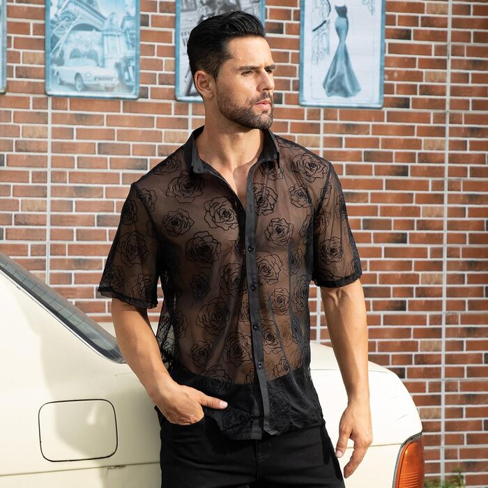 Чоловіча мереживна сорочка з короткими рукавами ABEHIK для рейв-вечірок та клубу (темно-синій, S)