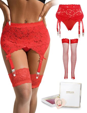 Жіночий комплект спідньої білизни з мереживною стрічкою та кліпсами, великі розміри. Комплект з 4 стрічок та трусиків. Колір: червоний (M-L).