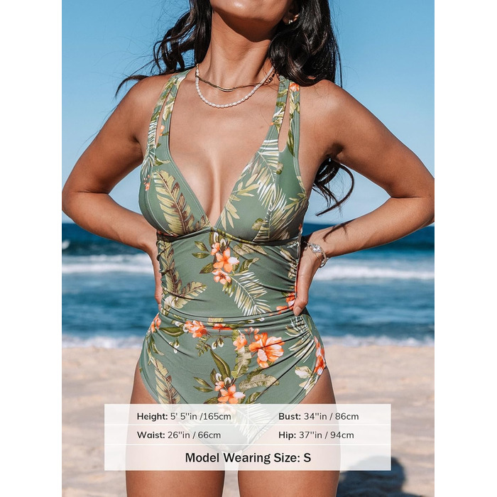 Купальник CUPSHE з V-подібним вирізом, корегуючими складками та глибоким вирізом на спині, одноцільний, оливковий/тропічний, для жінок
