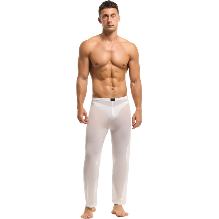 Чоловічі прозорі штани з мережива, нічна сорочка, спідня білизна, штани з нейлону, довгі прозорі штани, мереживні штани änner, штани з тонкої сітки, матеріал - тюль (M, білий)