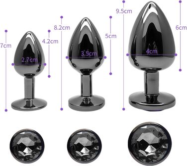 Набір анальних пробок 3 шт. з металу (Gunmetal) - велика, середня, мала. Підходить для початківців, жінок, чоловіків та пар. Чорний колір. Секс-іграшка.