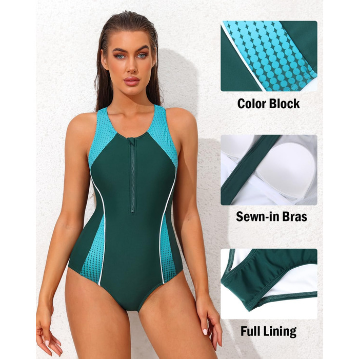 Спортивний купальник Charmo для жінок з животом, цільнокомбінований з блискавкою спереду, з чашками (XL, зелений/бірюзовий)