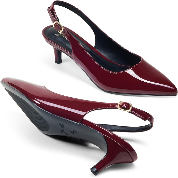 Жіночі елегантні туфлі-човники GENSHUO на низьких підборах (Kitten Heels) з відкритим задником, лакована шкіра, колір винно-червоний, розмір 42 EU