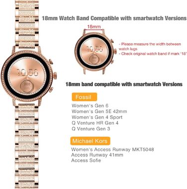 Металевий ремінець Abanen для годинників Fossil Gen 5 42mm та Gen 6 (жіночий), 18 мм, з кристалами та швидким замком, сумісний з Fossil Q Venture 3/4 покоління, колір: спорт червоне золото