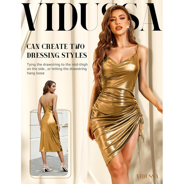 Сукня вечірня VIDUSSA Glitzer - сексуальна облягаюча сукня на тонких бретелях, коктейльна та святкова для вечірок та клубів (S, золотий)