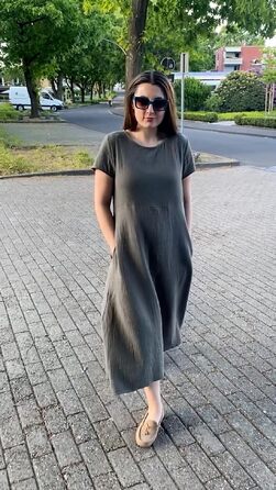 Літня жіноча сукня Imuedaen в стилі бохо: довга повсякденна сукня з коротким рукавом, круглим вирізом та кишенями, темно-зелена, розмір XL