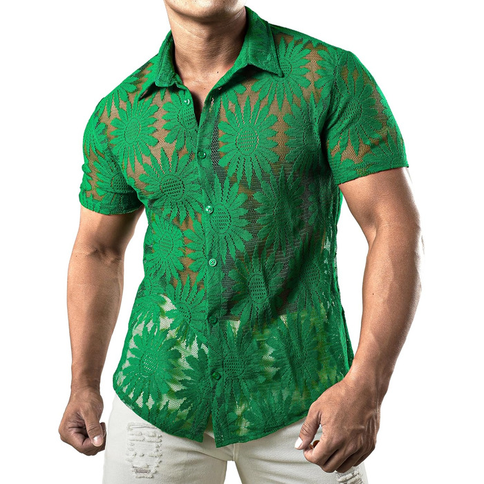 Чоловіча сорочка JOGA з мереживом, короткий рукав, літня, зелена (XL)