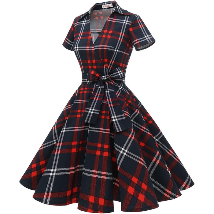 Сукня Rockabilly жіноча V-подібний виріз міді, святкова для весілля, вінтажна коктейльна (S, червоно-біла клітинка)