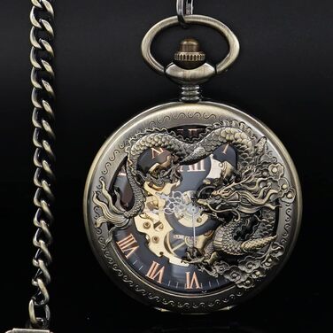Механічний кишеньковий годинник Tiong Vintage Steampunk зі скелетоном, римськими цифрами та ланцюжком (бронза, чорний) — подарунковий набір з коробкою