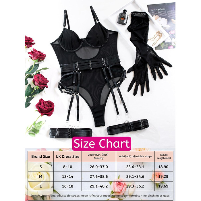 EVELIFE Комплект жіночої білизни: мереживний боді, стрінги та рукавички. Чорний, розмір 36