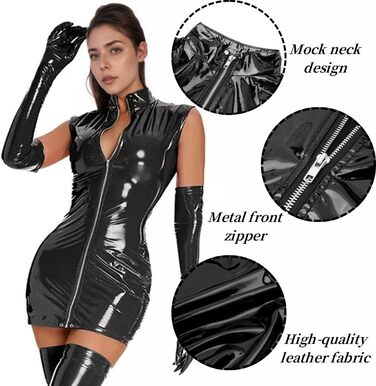 Чорне латексне міні-плаття з блискавкою - сексуальна сукня bodycon для вечірок та танців