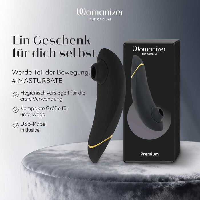 Womanizer Premium - вібратор для клітора з ефектом тиску, чорний та золотий | Інтимна іграшка для жінок | Секс-іграшки для дорослих, для пар | Подарунок для жінок