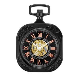 Механічний кишеньковий годинник ShoppeWatch з ланцюжком для чоловіків, ручний завод, прозорий циферблат у стилі стімпанк, чорний