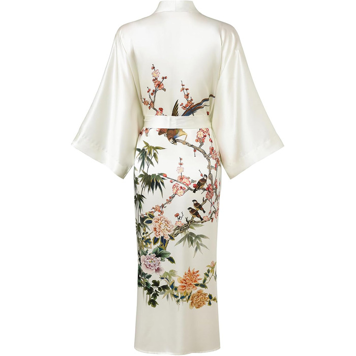 Шовковий халат-кімоно Ledamon для жінок, 100% шовк, довгий, квітковий дизайн, нічний халат (універсальний розмір, слонова кістка)