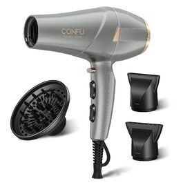 Професійний фен для волосся CONFU 2300W з іонною технологією, дифузором та вузьким соплом, AC-мотор, 2 швидкості, 3 температурні режими та холодний обдув, 220V (Сірий)