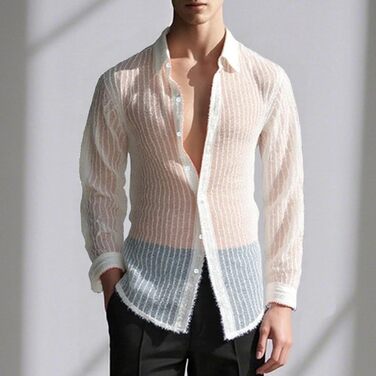 Чоловіча сітчаста сорочка Foweknow з паєтками, прозора, довгі рукави, для клубів, біла