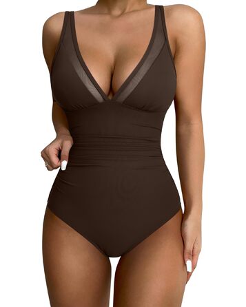 Зелений купальник жіночий DOULAFASS V-подібний виріз, мереживо, корегуючий, без спинки, пляжний, XL, темно-коричневий