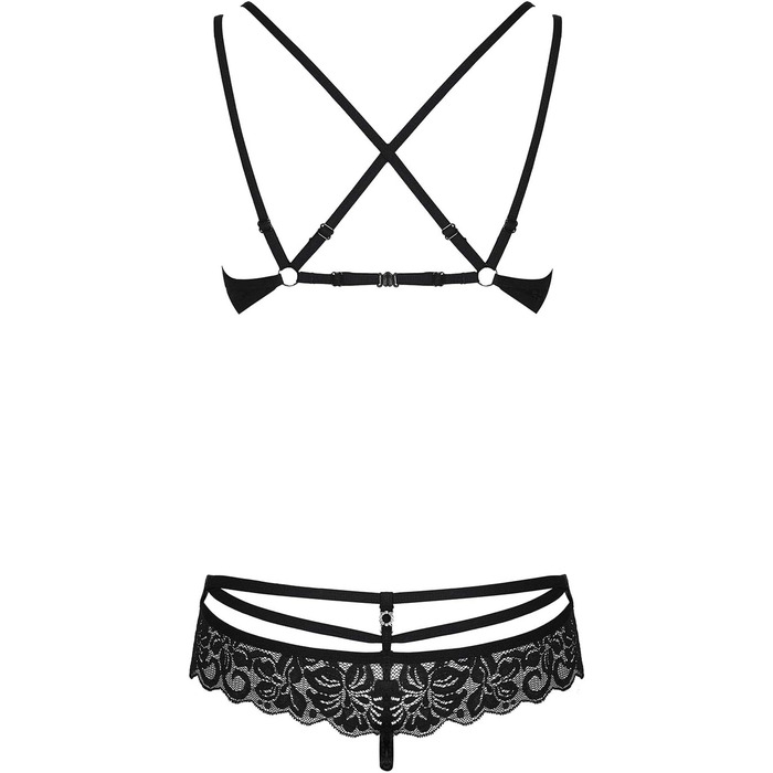 Сексуальний комплект спідньої білизни Obsessive: бюстгальтер з кісточками та стрінг з бретельками, мереживо, рожевий принт, чорний, L-XL