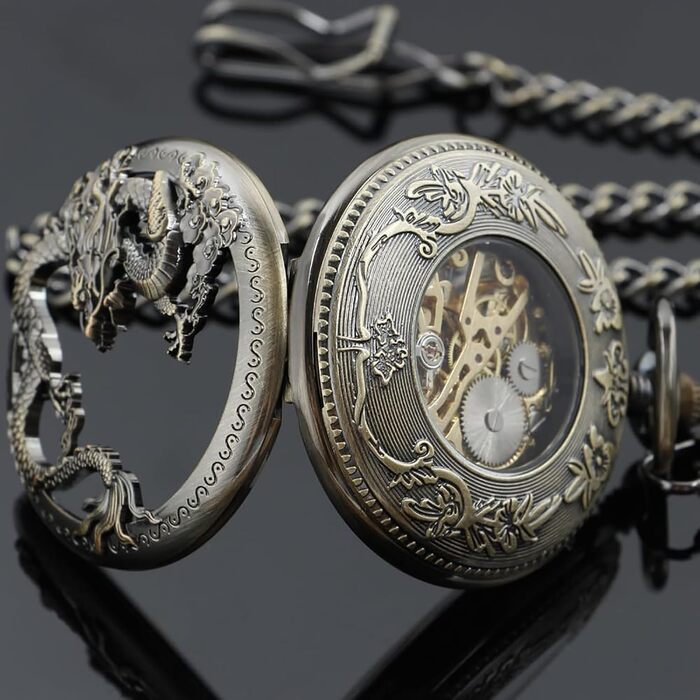 Механічний кишеньковий годинник Tiong Vintage Steampunk зі скелетоном, римськими цифрами та ланцюжком (бронза, чорний) — подарунковий набір з коробкою