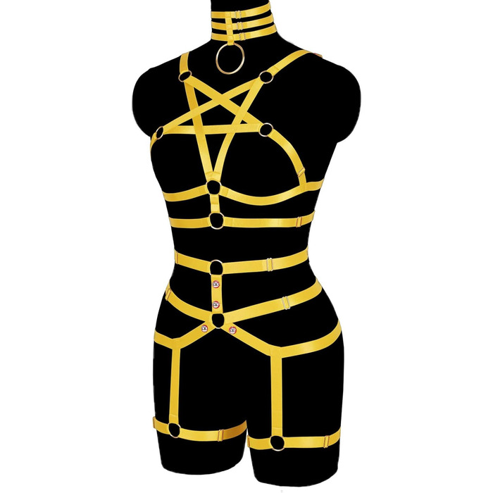 Жіночий корсет-нагрудник у стилі панк, повна клітка, мереживний бюстгальтер та пояс-стрінг, комплект, Харадзюку, готичний, фестивальний, рейв-стиль (помаранчевий, жовтий)