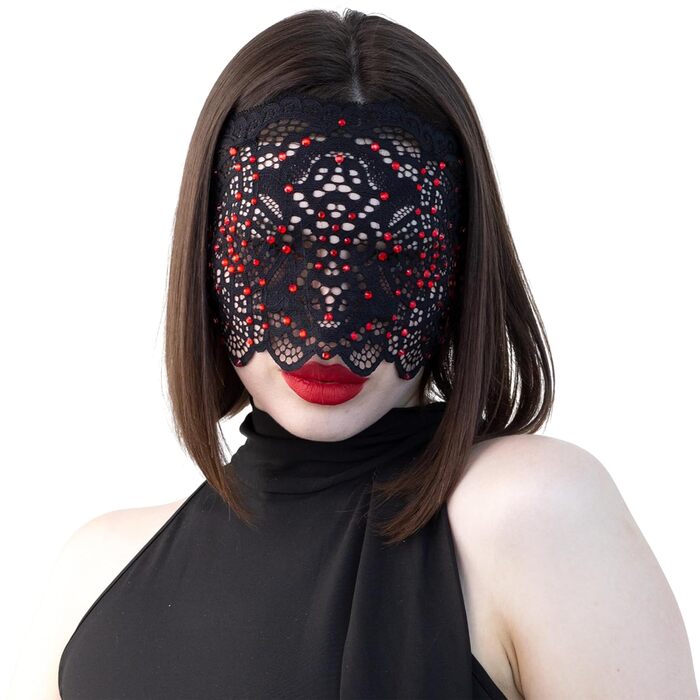 Чорна маска на обличчя з мереживом та стразами для жінок, елегантна венеціанська маска для карнавалу, Хелловіну, косплею, вечірок у костюмах (чорний з червоними стразами)