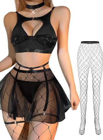 Сексуальний жіночий комплект білизни: колготки, чокер, ремінець, бюстгальтер з підтяжкою, спідниця, чорний
