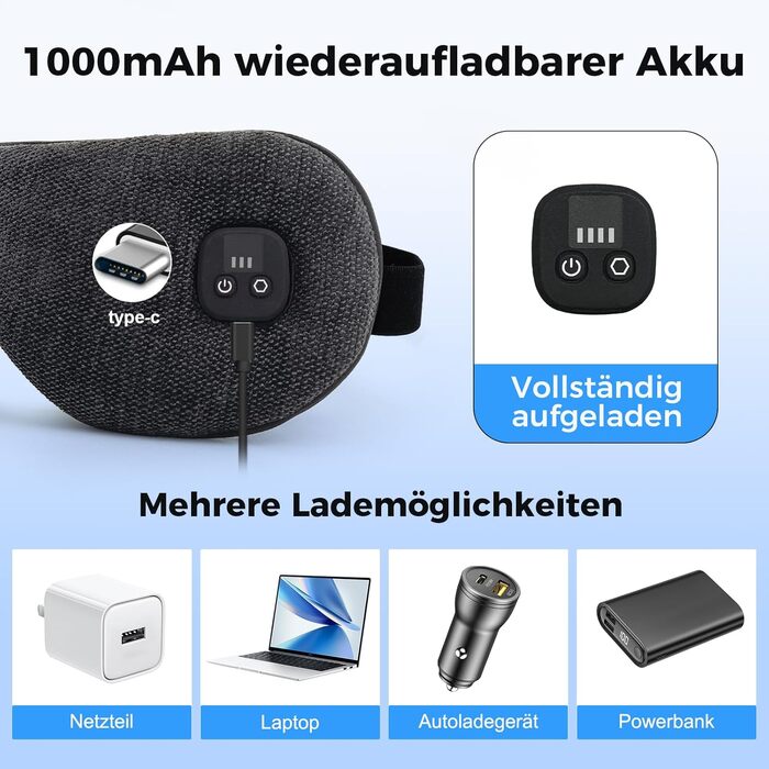 Електрична зігріваюча маска для очей з акумулятором 1000mAh, USB-оцігрівач з 4 рівнями температури та знімним чохлом, чорна