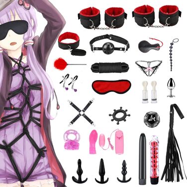 Набір для БДСМ з 26 елементів Qoosea: наручники, феттери, анальні пробки, іграшки для пар. Чорний колір.