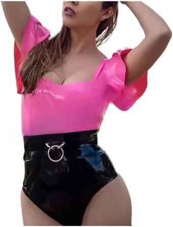 Латексний костюм GAYLOP для жінок: латексний купальник з короткими рукавами, рожевий та чорний, ручної роботи