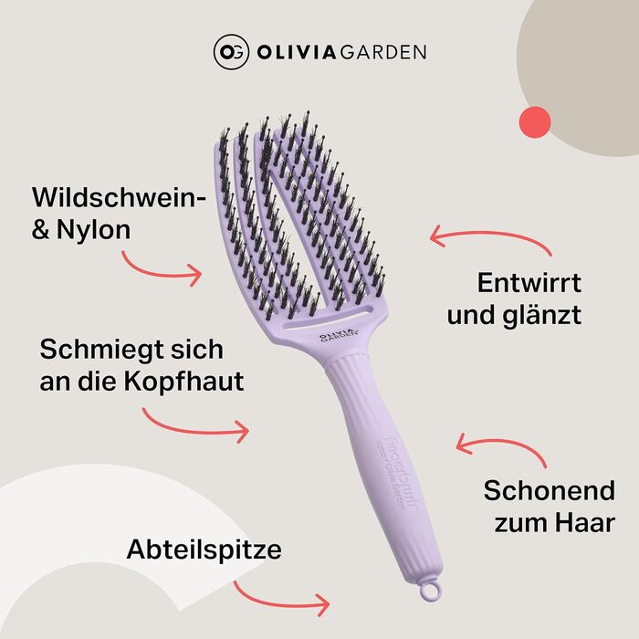 Щітка для волосся Olivia Garden Fingerbrush Care Iconic — розплутуюча з щетиною кабана та нейлоном для блиску та гладкого стайлінгу, Lavender Medium