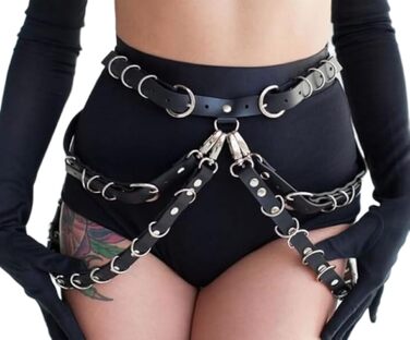 Чорний шкіряний ремінь-пояс та набір на ногу з петлями від CAZEOUU - стильна пов'язка для жінок, ідеальна для клубів та вечірок