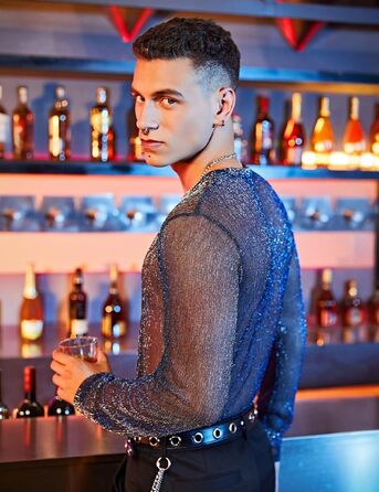 Прозора футболка-сітка Casey Herren з довгим рукавом, мереживна сорочка, мерехтливі сорочки, клубний стиль, A2-блакитний