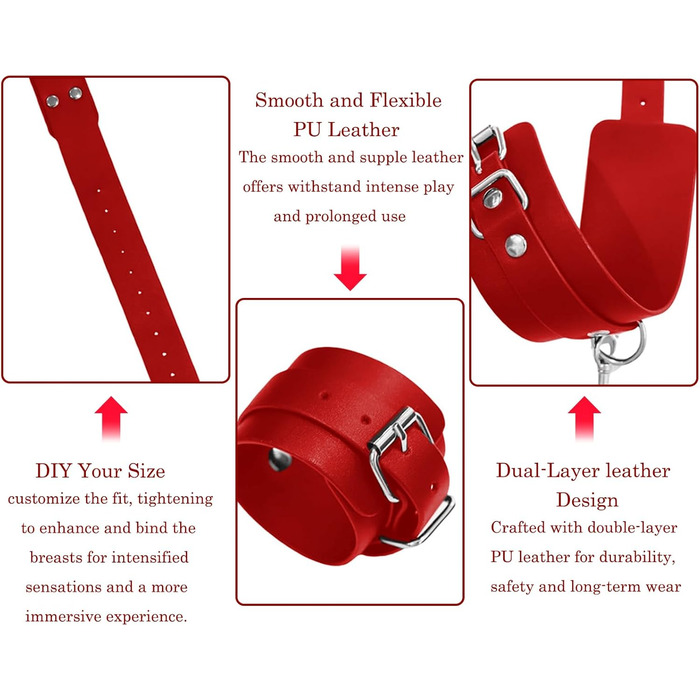 Набір BDSM 6-в-1: наручники, шлея для тіла, чіп, батіг, маска для очей, мотузки для фіксації. Для пар. Червоний колір.