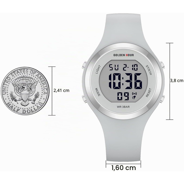 Жіночий спортивний годинник GOLDEN HOUR Digital Chronograph: водонепроникність 5ATM, силіконовий ремінець, з датою та підсвічуванням циферблата (Сірий)