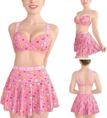 Комплект білизни LittleForBig: міні-спідниця з високою талією, бра та трусики, 3 шт. Розміри plus size, спортивний бра, рожевий, 3XL