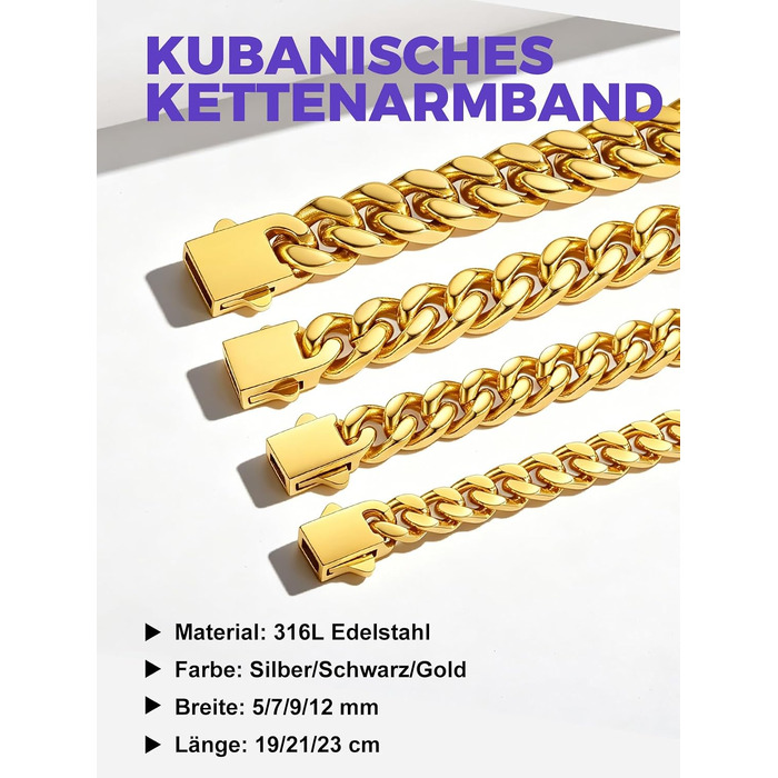 Чоловічий сталевий браслет Richsteel Cuban Link (кубинський ланцюг) з подарунковою коробкою, золотий, ширина 12мм, довжина 23см