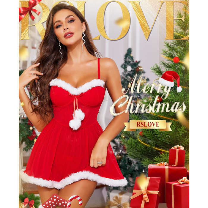 RSLOVE Сексуальна новорічна білизна для жінок - ніжна сорочка з помпонами з штучного хутра, святкова білизна, костюм XXL, червоний
