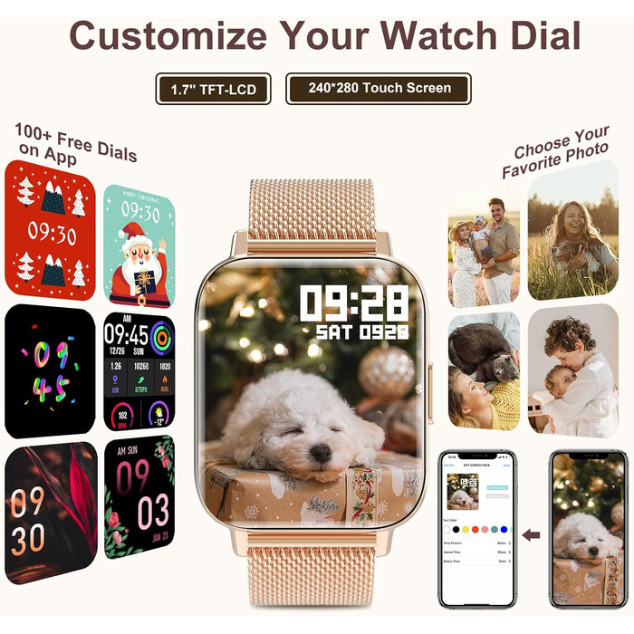 Смарт-годинник для жінок Rose Gold: фітнес-трекер з функцією дзвінків, моніторингом серцебиття, SpO2, сну та менструального циклу, екран 1.69